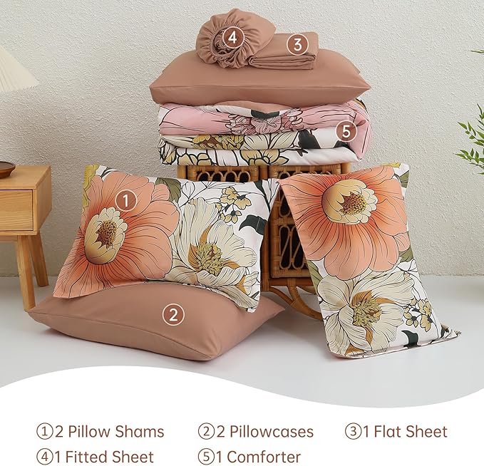 Xruibed Floral Comforter Set Queen Size 7 Pieces Bed in a Bag Pink Flower Bedding Comforter Sets Lightweight Boho Bed Set with Sheet,Pillowcases&Shams for All Season