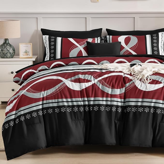 Anibedding Burgundy Comforter Set Queen Size, 8 Pieces Striped Bed in a Bag, Patchwork Comforter with Sheets Set Soft Microfiber Boho Bedding Sets(90"×90")