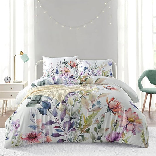 Style Quarters Duvet Cover King-3PCS Washed Microfiber Duvet Cover Set Includes 1 Duvet and 2 Pillow Shams Meadow-Floral Bedding Set Soft King Size Duvet Cover with Zipper Closure Corner Ties