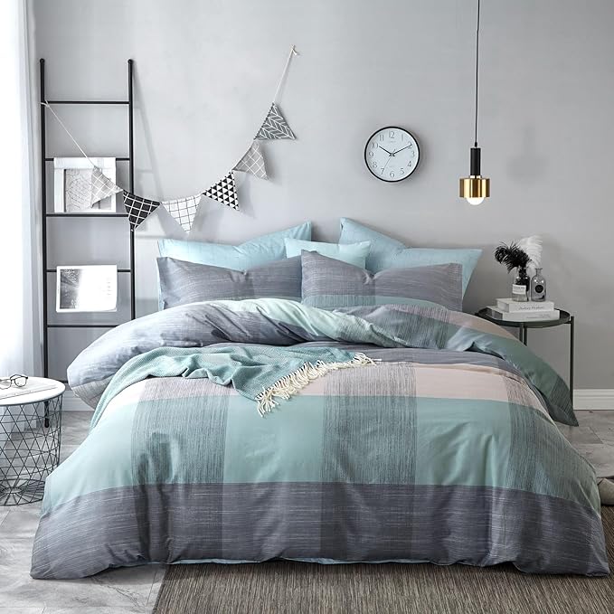 VM VOUGEMARKET Cotton Modern Duvet Cover Set Blue Green Multi-Dimensional Patchwork Design Simple Luxury Cool 3 Pieces King Bedding Set-No Comforter