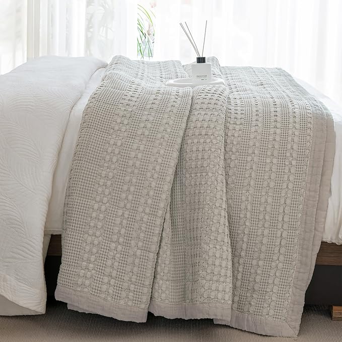 Sanracie Cotton Quilt Set King Size(110"x98"), Khaki Waffle Quilted Bedspread Sets,3Pcs Soft Lightweight King Quilt Bedding Set,Farmhouse Coverlet Quilt Set Shabby Vintage Chic Bedding Set