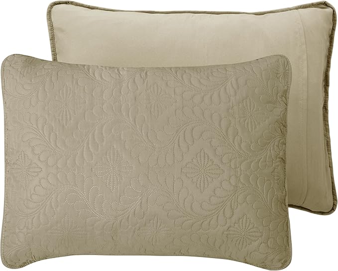 Easy-Going King Size Reversible Quilt Set with 1 Quilt and 2 Pillow Shams, Soft Bed Quilt Cover, Water Resistant Lightweight Microfiber Bedspread, Stain Resistant, Olive Leaf-Beige/Beige