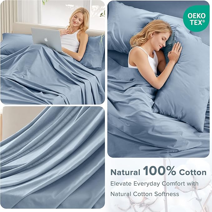 Comfort Spaces 100% Cotton Sheet Set Breathable, Lightweight, Soft with 14" Elastic Pocket Fits up to 16" Mattress, All Season Cozy Bedding, Matching Pillow Case, Full Blue 4 Piece