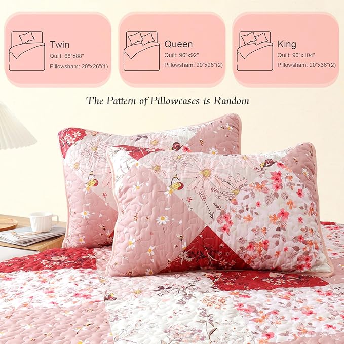 Whale Flotilla Patchwork Quilts Queen Size, Extra Soft Boho Floral Bedspreads for Bed Reversible Lightweight Full Queen Quilt Bedding Set Printed Coverlets with 2 Pillow Shams for All Seasons, Red