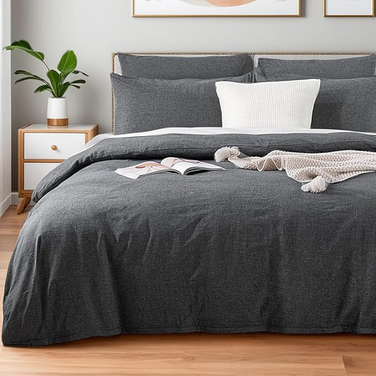 NEXHOME PRO Duvet Cover King 100% Washed Cotton, Organic Natural Linen Like Textured Breathable Durable Bedding Set Heather Black 10490