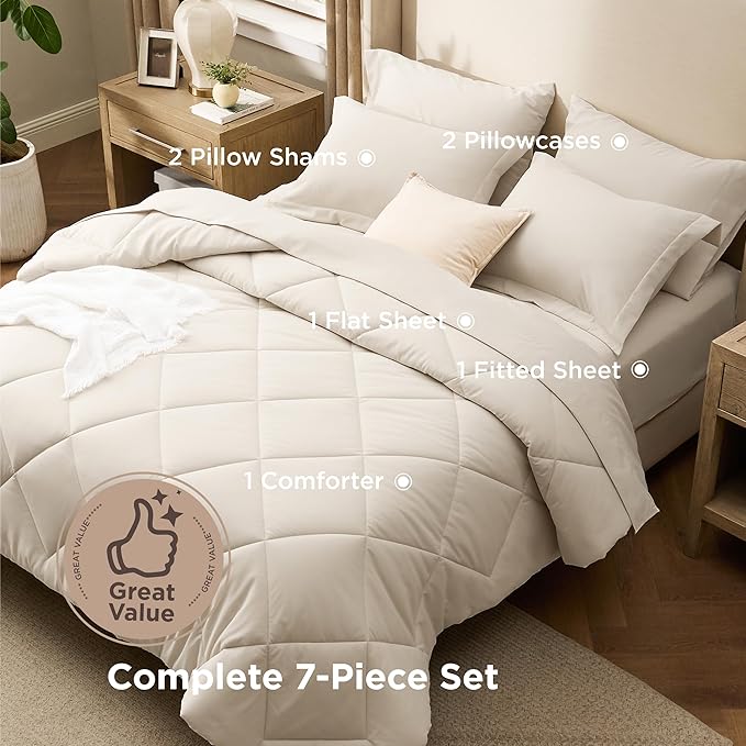 Bedsure 7 Pieces King Comforter Set Premium Series, Hotel Luxury Soft Bed in a Bag, Goose Down Alternative, Safe for Sensitive Skin Bedding Comforter All Season Medium Warmth, Beige King Size