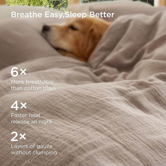 Bedsure Muslin Duvet Cover Queen Size - Cotton Blend Rayon Derived from Bamboo, Cooling Duvet Covet for Hot Sleepers - Ultra-Soft & Breathable Bedding Set for All Seasons(Khaki, 90"x90")