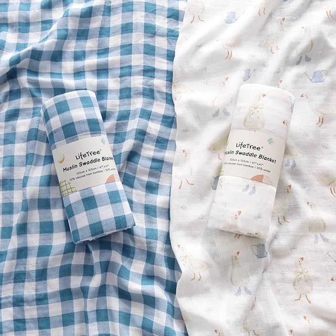 LifeTree Baby Swaddle Blankets, Boys Girls Muslin Swaddling Wrap Receiving Blanket for Newborn, 70% Viscose from Bamboo and 30% Cotton, Large 47" x 47", Duck and Checkered