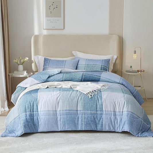 LifeTB Blue Checkered Comforter Full Comforter Set Geometric Plaid Checkered Pattern Comforter for Men Boys Modern Grid Plaid Bedding Comforter Set for All Seasons Lightweight Soft Fluffy Bed Set