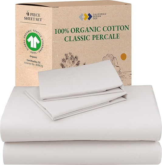 California Design Den California King Sheet Sets - 100% Organic Cotton, Crisp Percale Bedsheets, Deep Pockets, Breathable and Durable Bedding Set - Stone (True Beige)