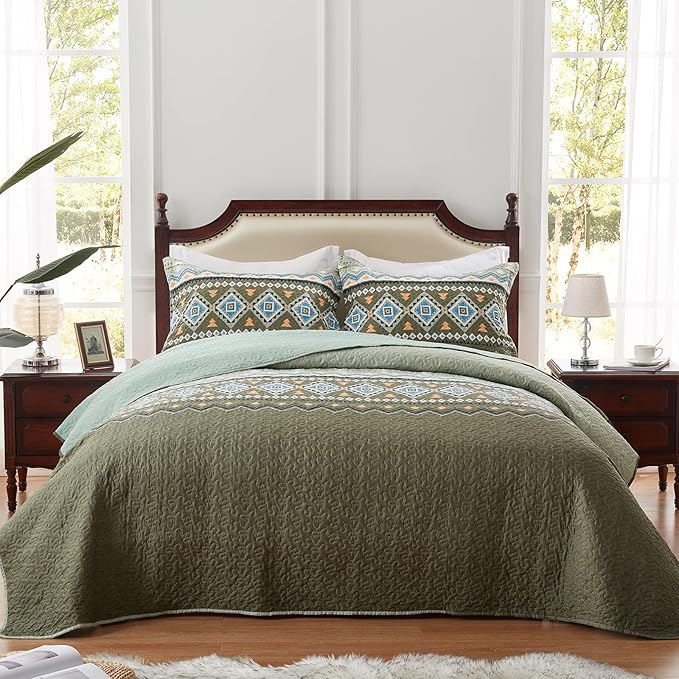 LEAONME Quilt Set Full/Queen Size 3 Piece Bedspread Coverlet Lightweight Comforter Microfiber Bedding Set for All Season Oversized 90x98 Inch Bed Cover Bohemian Olive Green(1 Quilt,2 Pillow Shams)
