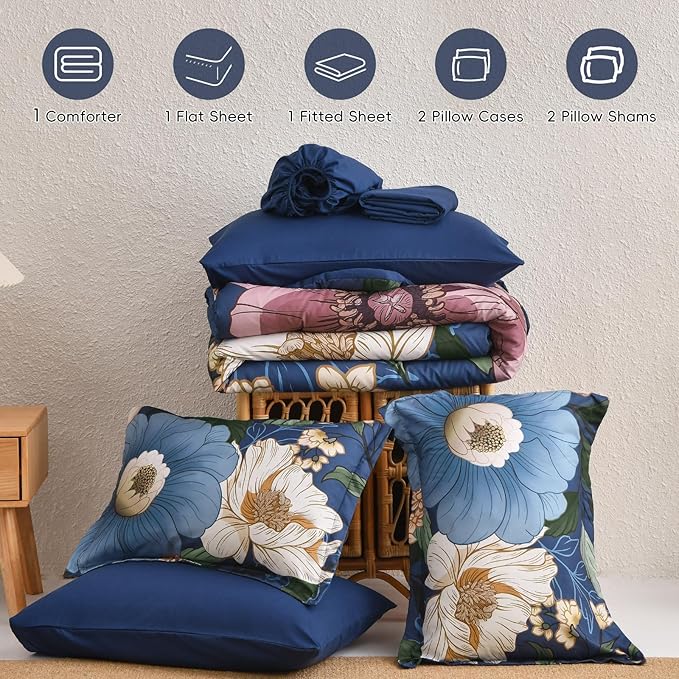 Xruibed Retro Navy Blue Floral Comforter Set Queen Size 7 Pieces Bed in a Bag Navy Floral Comforter Flower Bedding Sets Lightweight Boho Bed Set with Sheet, Pillowcases&Shams for All Season