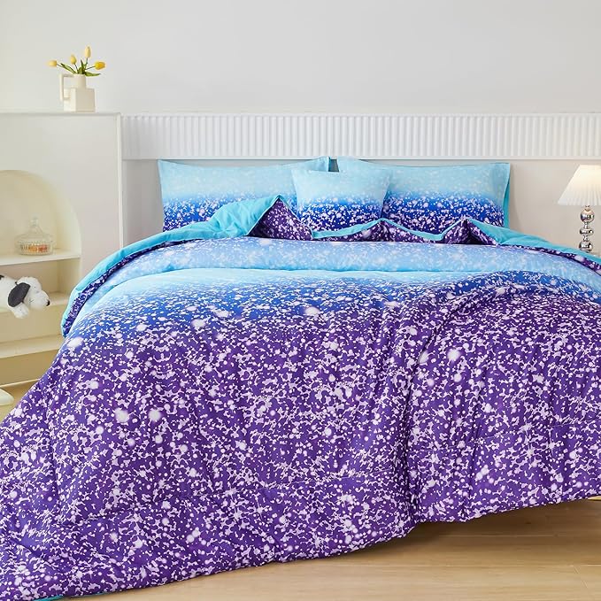 PERFEMET Girls Bed in A Bag Full Size 6 Pieces Blue Purple Rainbow Bedding Comforter Sets Tie Dye Ombre Kids Comforter Fluffy Teen Girl Bed Set (Blue Purple, Full)