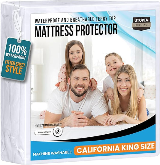 Utopia Bedding Waterproof Mattress Protector California King Size, Premium Terry Mattress Cover 200 GSM, Breathable, Fitted Style with Stretchable Pockets (White)
