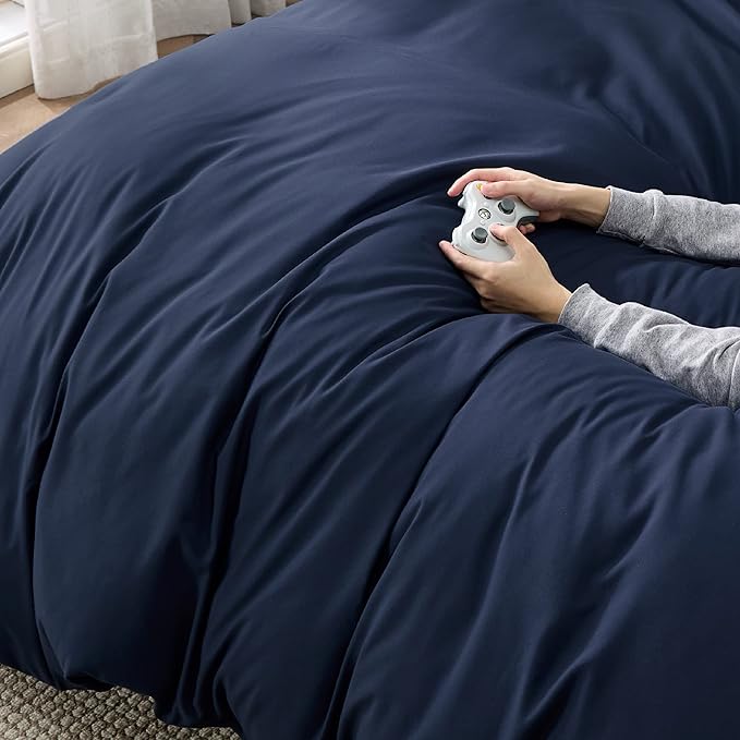 Bedsure Duvet Cover Queen Size - Soft Double Brushed Bedding Set for Kids & Adults, Zipper Closure, 3 Pieces, Includes 1 Duvet Cover (90"x90") & 2 Pillow Shams, NO Comforter, Navy Blue