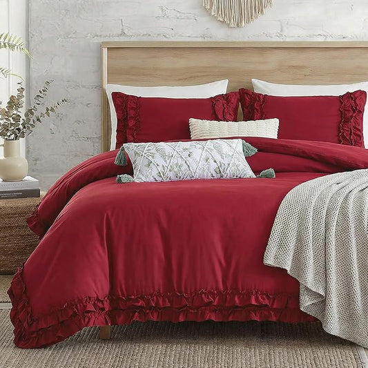 Burgundy Duvet Cover Queen Size Ruffled Bedding Set Vintage Lace Ruffle Elegant Bedroom Decor Shabby Chic Farmhouse Style Boho Chic Duvet Cover Set for All Season