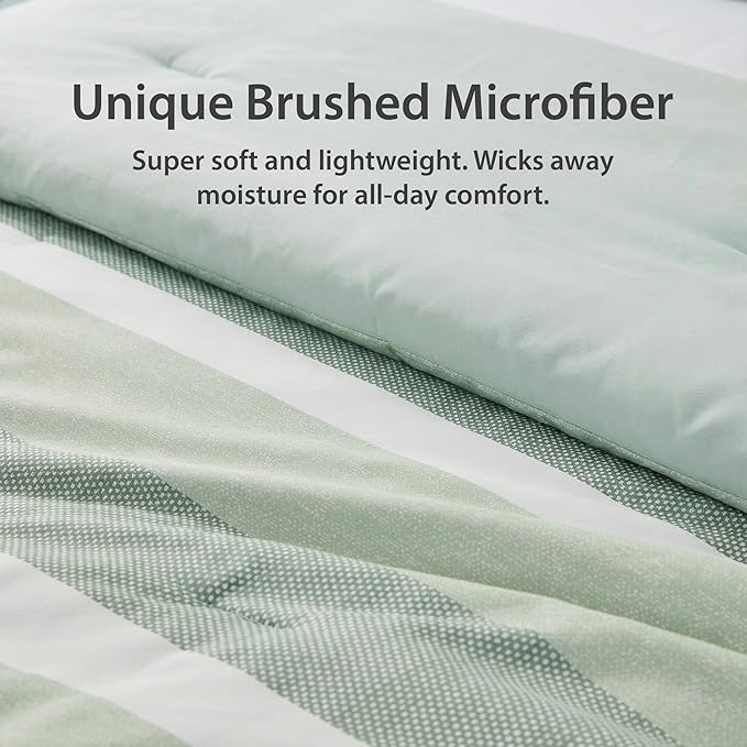 Full Size Modern Striped Comforter Set, Lightweight Soft Microfiber Bedding Sets for All Season 7 Pieces Bed in A Bag Set with Comforter, Sheets, Pillowcases & Shams, Sage Green