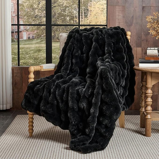 Lotus Karen Faux Fur Blanket - Black Twin Size, Big Bubble Rabbit Fluff, 60x80 Inches