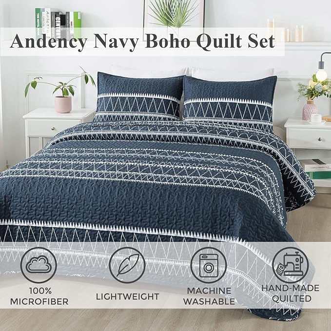 Andency Navy King Size Quilt Set, 3 Pieces Boho Lightweight Soft Striped Bedspread for All Season (106"x96"), Printed Bohemian Microfiber Reversible Coverlet Comforter Sets