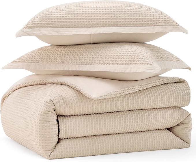 Bedsure Cotton Duvet Cover Queen Size - 100% Cotton Waffle Weave Beige Duvet Cover Queen Size, GentleSoft™ and Breathable Bedding Set for All Season, 3 Pieces, 90"x90"