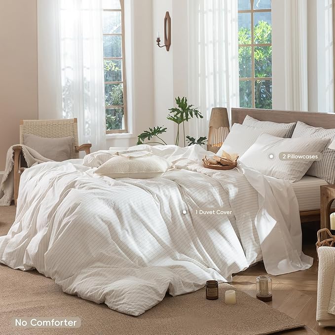 MooMee Striped Duvet Cover Set 100% Washed Cotton Linen Like Textured Breathable Durable Soft Comfy (White Almond Milk Grey Wide Stripes, King 104"x90")