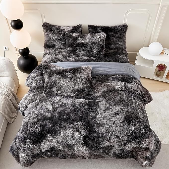 PERFEMET Dark Grey Plush Shaggy Comforter Set Twin Size 3 Piece Fluffy Faux Fur Tie Dye Bedding Sets Ultra Soft Long Hair Velvet Fuzzy Bedding for Boys Girls(Dark Grey, Twin)