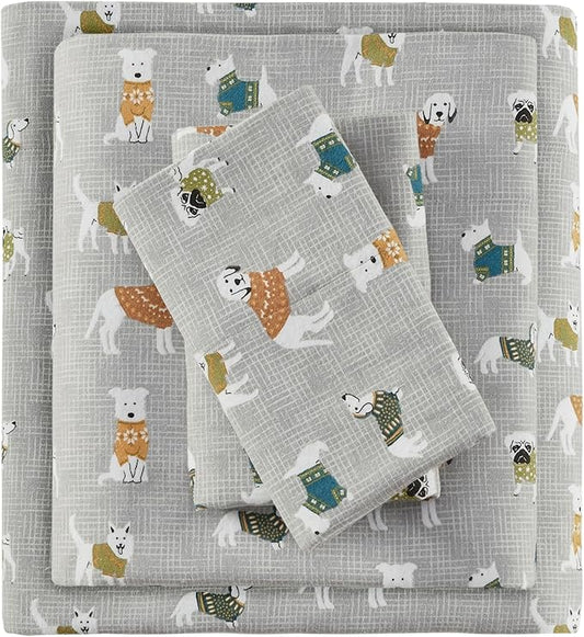 True North by Sleep Philosophy Cozy Flannel Warm 100% Cotton Sheet - Novelty Print Animals Stars Cute Ultra Soft Cold Weather Bedding Set, Queen, Grey Dogs 4 Piece