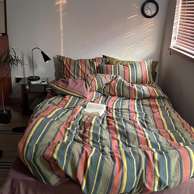 mixinni Vintage Striped Duvet Cover Set Twin Size - 3 Piece 100% Washed Cotton Bedding Set, Soft & Breathable, Colorful Striped Pattern Printed Comforter Cover for All Seasons