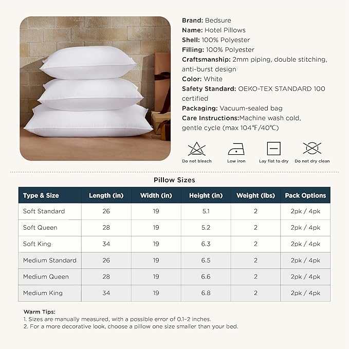 Bedsure Soft Pillows Standard Size Set of 4 - Standard Size Bed Pillows 4 Pack for Sleeping, Soft and Supportive, Hotel Quality, Original Down Alternative Filling for Side, Back Sleepers