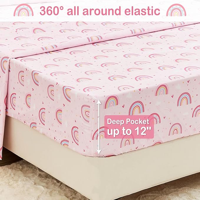 Mooreeke Bed in a Bag for Kids Girls Teens, 8 Pieces Full Size Comforter Bed Set with Shams, Sheet Set and Decorative Toy Pillow, Rainbow Pink Super Soft Microfiber Kids Comforter Bedding Set