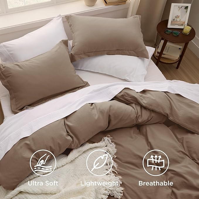 Bedsure Deep Khaki Duvet Cover Full Size - 3 Pieces Prewashed Extra Soft Cotton-Like Polyester Bedding Set, Includes 1 Duvet Cover 80x90 Inches with Zipper Closure & 2 Pillow Shams, No Comforter