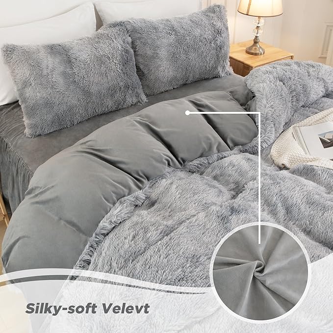 annadaif Plush Shaggy Duvet Cover, Tie Dye Gray White Fluffy Comforter Cover Set Full Size, Fuzzy Faux Fur Bedding Set with Zipper Closure, Luxury Ultra Soft 3 Pieces (1 Duvet Cover, 2 Pillowcases)