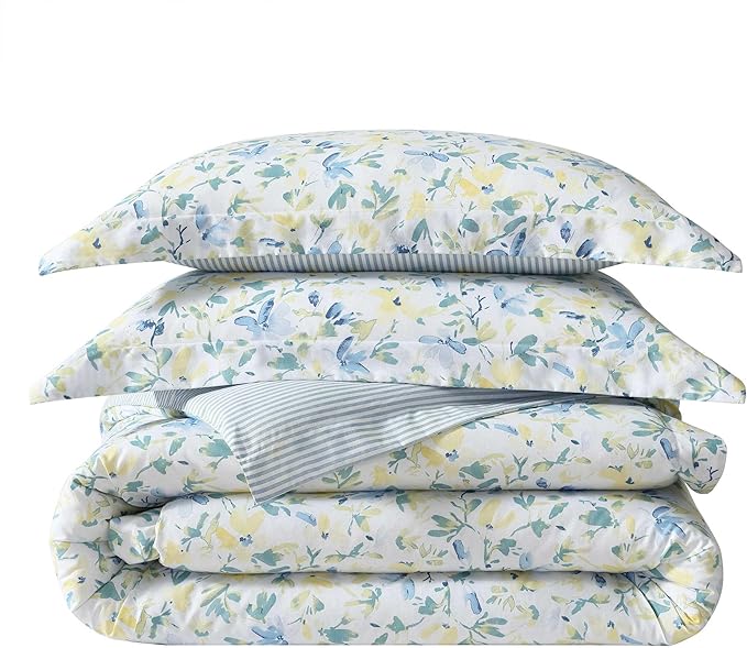 Laura Ashley - King Comforter, Soft Reversible Bedding Set, Includes Matching Shams with Bonus Euro Shams & Throw Pillows, Farmhouse Home Decor (Nora Blue, King)
