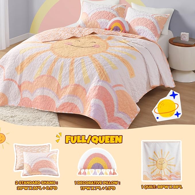 Intelligent Design Kids Queen Bedding Set Cotton Sun Full Size Quilt Sets for Girls Rainbow & Clouds Reversible Queen Coverlet Dawn Light & Breathable Sham Throw Pillow Full/Queen Yellow/Coral 4 Piece