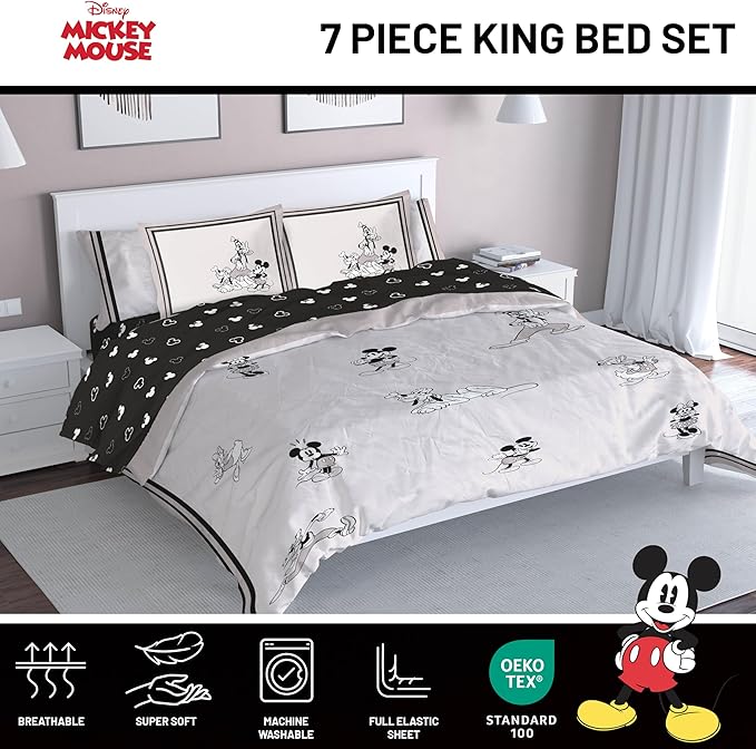 Jay Franco Kids Comforter Set Includes Sheets and Pillow Covers - Soft and Cozy Bed Set for Stylish Room Decor, Official Licensed Bedding, Beige - Mickey and Friends, 7 Piece King