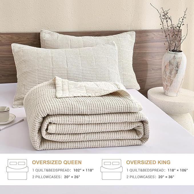 Sanracie Oversized Queen Quilt (102"x118"), Cotton Waffle Weave Quilt Sets, 3Pcs Luxury Aesthetic Quilt Bedding Set, Soft Breathable Lightweight Farmhouse Coverlet Set for All Season, Wheat