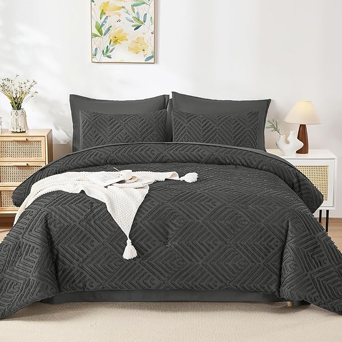 Andency Super King Plus Comforter Set Dark Grey - 7 Pieces Bed in a Bag Oversized King Bedding Sets, Boho Tufted Lightweight Fluffy Bed Set with Comforter, Sheets, Pillowcases & Shams