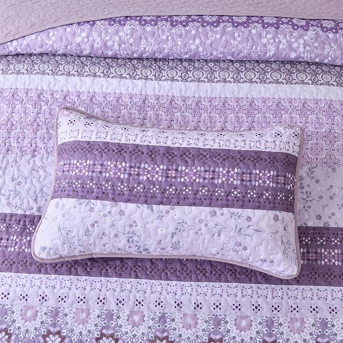 WONGS BEDDING Boho Quilt Full Set,Purple Bohemian Striped Patchwork Bedspread Coverlet Set with 2 Pillowcases,Lightweight Microfiber Floral Quilt Bedding Set 78"×90"