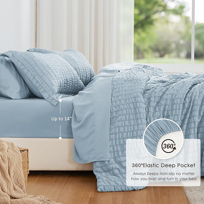 Love's cabin Seersucker Light Blue Twin Comforter Set, 5-Piece All Season Lightweight Bed in a Bag Bedding Set with Comforter, Flat Sheet, Fitted Sheet, Pillowcase and Sham | Soft, Breathable, Lightweight