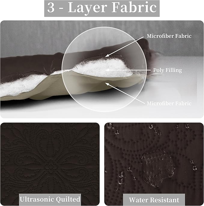 Easy-Going Full/Queen Size Reversible Quilt Set with 1 Quilt and 2 Pillow Shams, Soft Bed Quilt Cover, Water Resistant Lightweight Microfiber Bedspread, Stain Resistant, Damask-Chocolate/Beige
