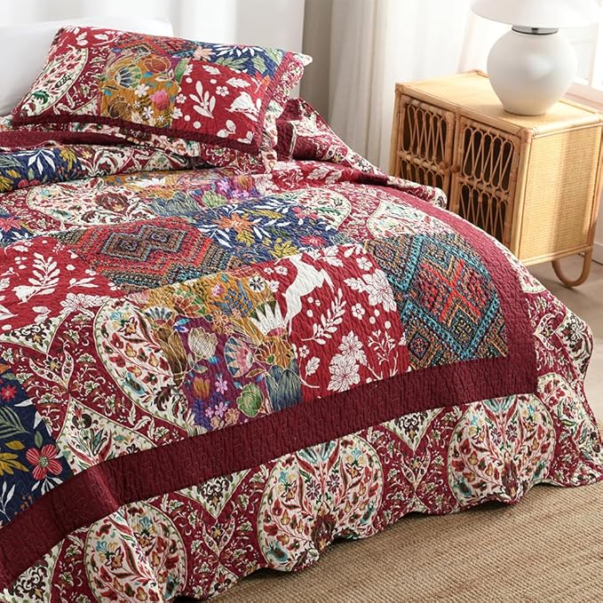 ENASAL Cotton Bedspread Quilt Sets Reversible Bedding Coverlet Sets Comforters Vintage Luxury Damask Floral Real Patchwork Burgundy Bedspread,King Size | Breathable material, Cotton soft durable, Reversible, Jacquard stitching, Machine waschable