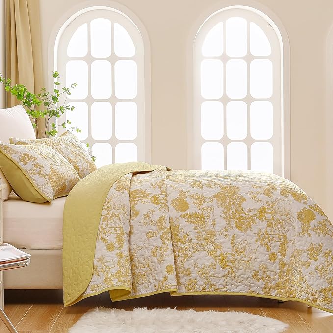 WONGS BEDDING Botanical Quilt Set King Size, Yellow 3 Pieces Toile Floral Plants Printed Bedspread Bedding Set Christmas Soft Lightweight Microfiber Coverlet Set for All Season (104"x90")