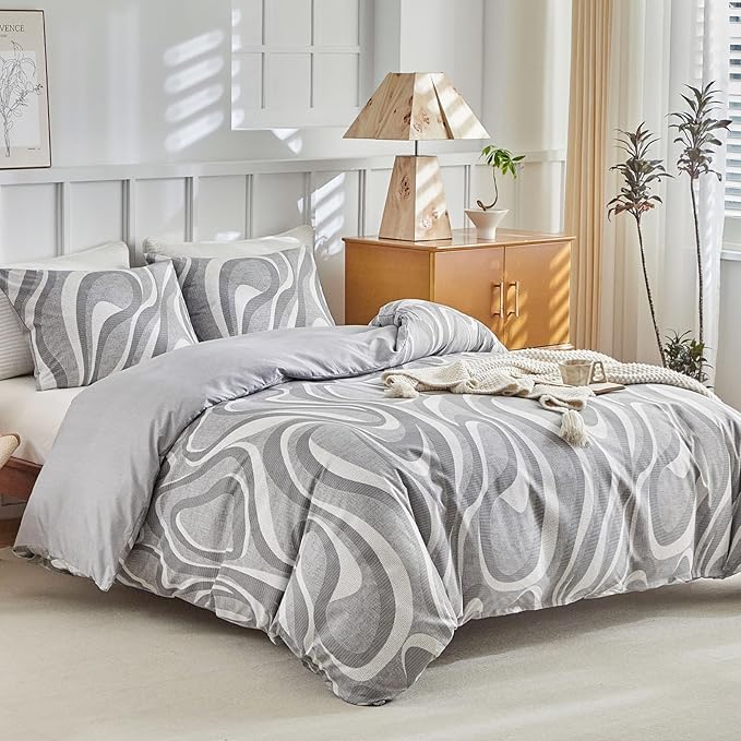 Lekesky Grey Duvet Cover Queen Size, Abstract Geometric Print Queen Comforter Cover, 3 Pieces Soft Microfiber Modern Bedding Set with 2 Pillowcases 20"x26" (No Comforter)
