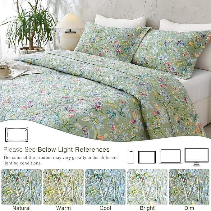 QSH 3Pcs Oversized King Bedspread Set(120"x120"),100% Cotton Green Floral Quilt Bedding Set Flower Bird Butterfly Printed Bedspread Coverlet California King Oversized Lightweight Soft Bedding Set