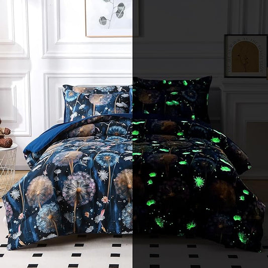 Glow in The Dark Kids Comforter Set, 7 Pieces Blue Dandelion Bedding Set Full Size for Boys Girls Teen, 1 Comforter, 2 Pillowcases, 2 Pillow Shams, 1 Flat Sheet, 1 Fitted Sheet
