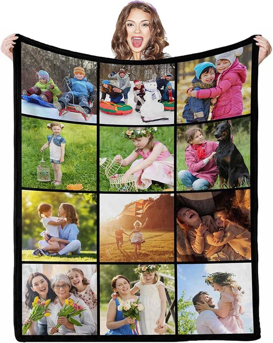 Picture Blankets Customized, 12 Photos Personalized Blankets Customized Gifts Personalized Family Mom Pictures Blankets for Dad Family, 8 Sizes