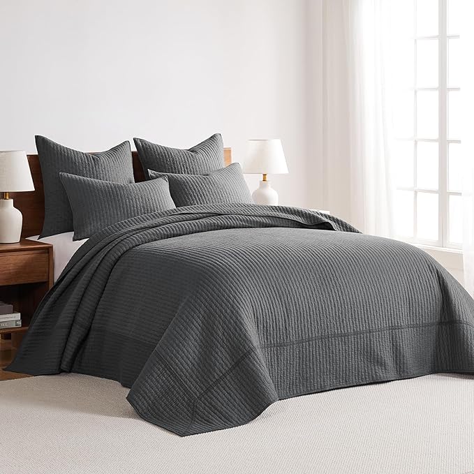 Levtex Home Cross Stitch Reversible Queen Bedspread Set (104x106in) with 2 Pillow Shams (26x20in) - Stitch Texture - Charcoal - Cotton Queen Size Bedspread Set - Lightweight, Soft, Pre-Washed