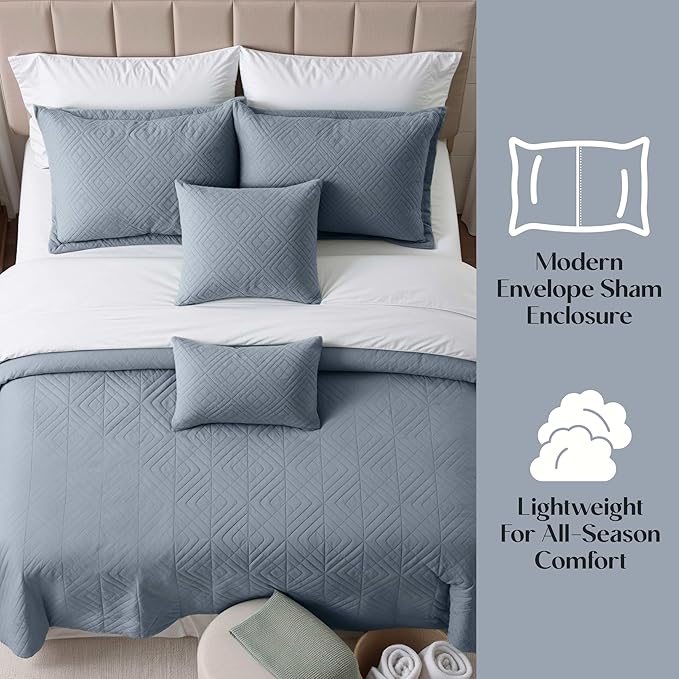Hearth & Harbor King Quilt Set – All-Season Lightweight Bedspread & Coverlet with Pinsonic Weave - 7 Piece King Quilt Set with Pillow Shams, Steel Blue - King Diamond