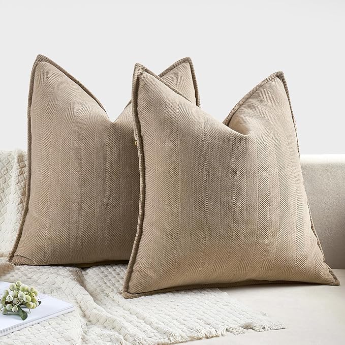 MIULEE Pack of 2 Khaki Decorative Pillow Covers 22x22 Inch Soft Chenille Luxurious Couch Throw Pillows Farmhouse Cushion Covers Euro Shams with Elegant Design for Sofa Bedroom Living Room Home Decor