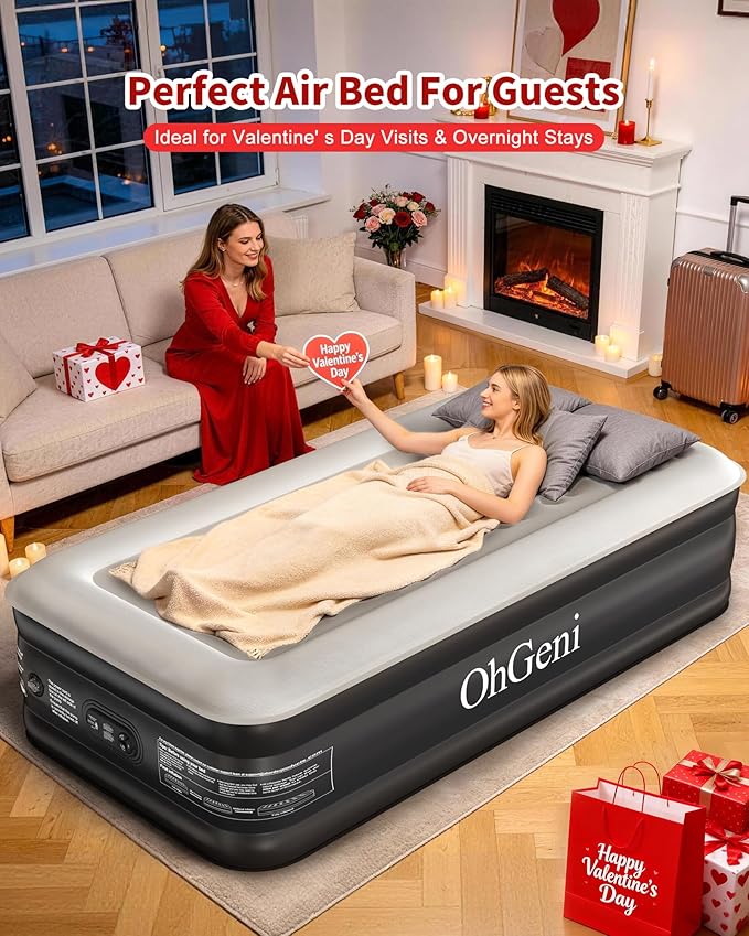 OhGeni 20" Twin Air Mattress with Built in Pump, Portable Blow up Mattress, 72Hr Leak-Proof Test Airbed for Guests & Home, Ideal for Single Person, Better to Get up, 300LBS